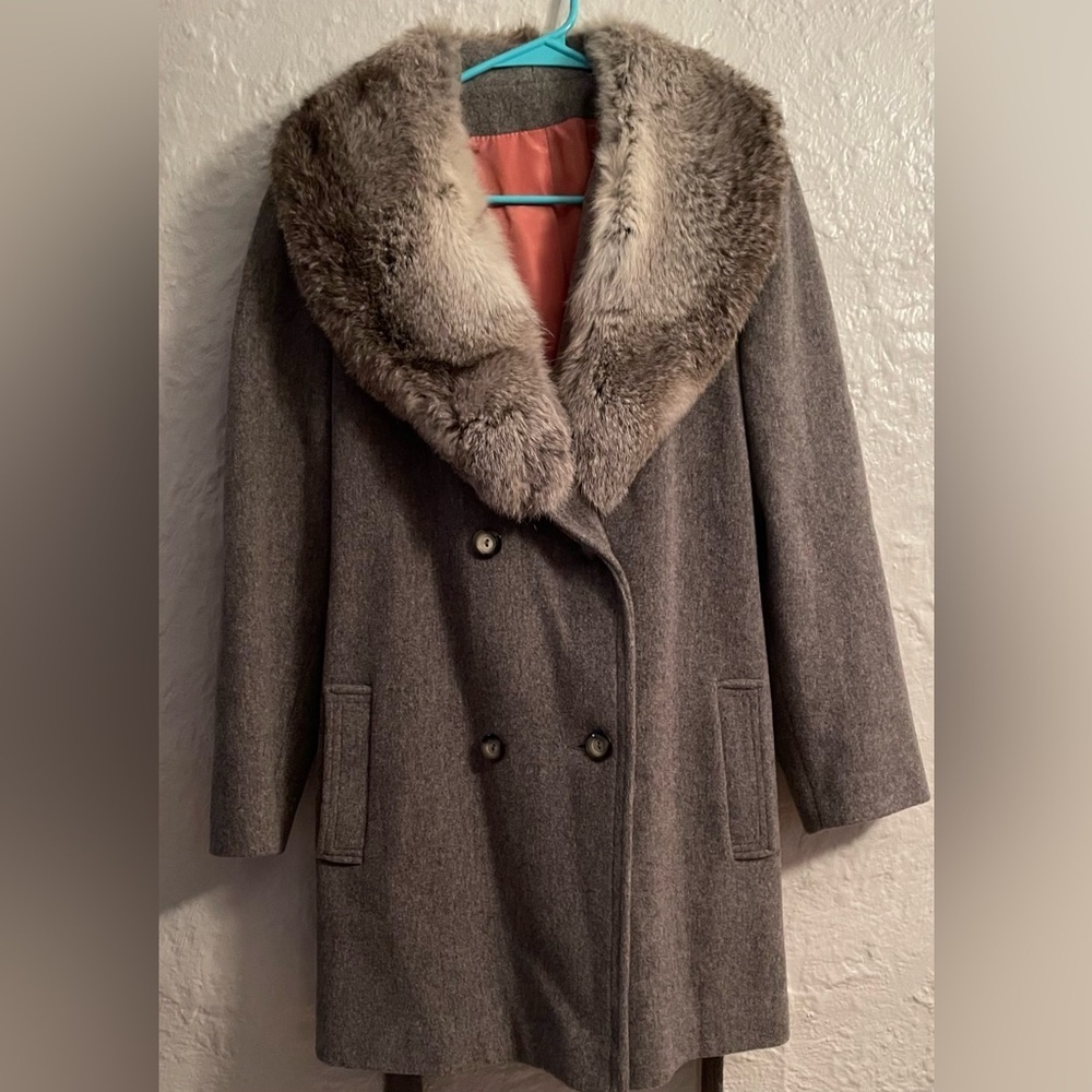 Vintage 1970s Sears Wool Peacoat Rabbit Fur Trim Collar Women's Gray/Tan;size L